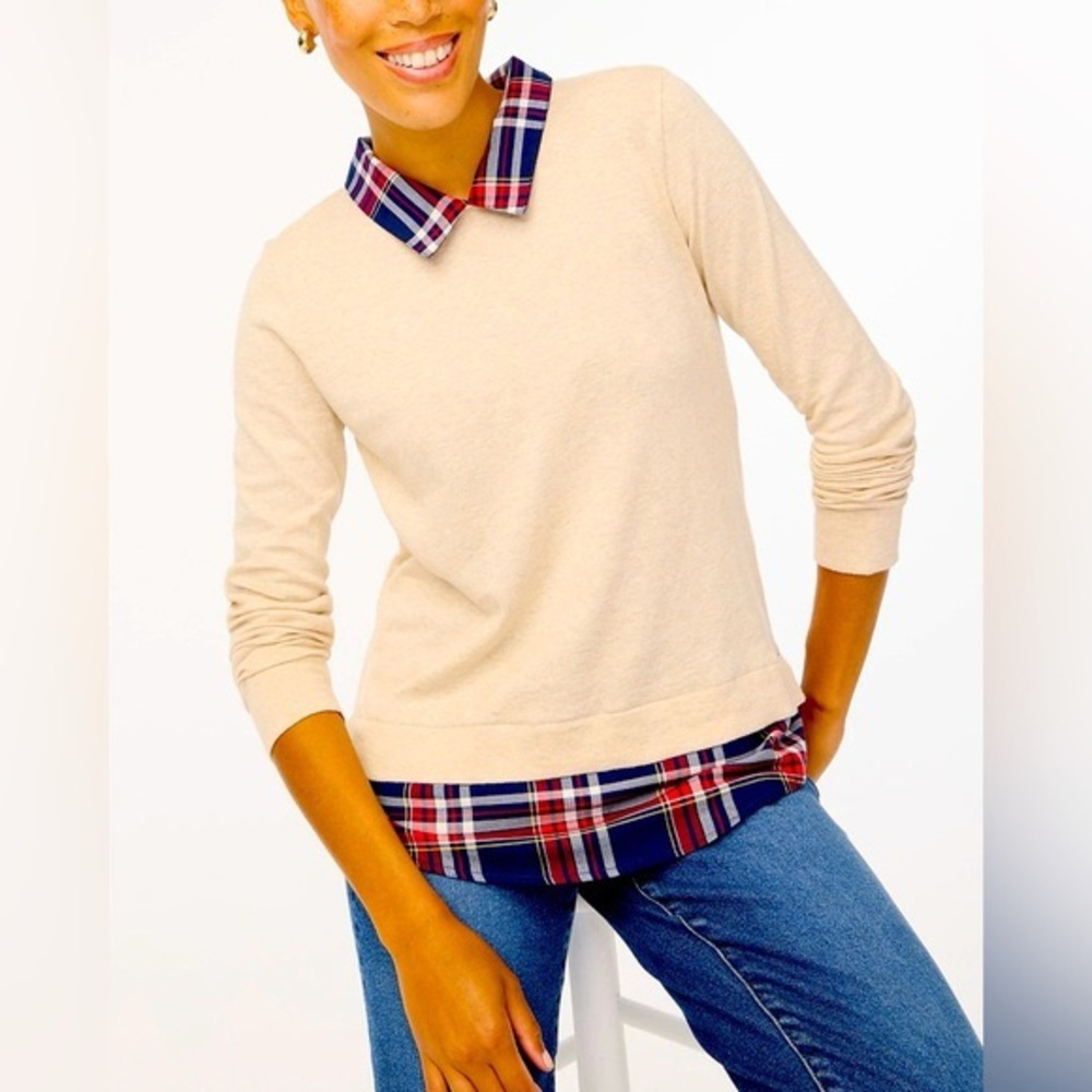 NWT J.Crew Woven-Collar Plaid Sweater XL